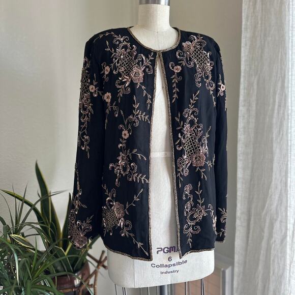 Draper’s & Damon’s Women’s 14 Jacket Black Rose Gold Silk Beaded Evening Glam - Picture 1 of 3